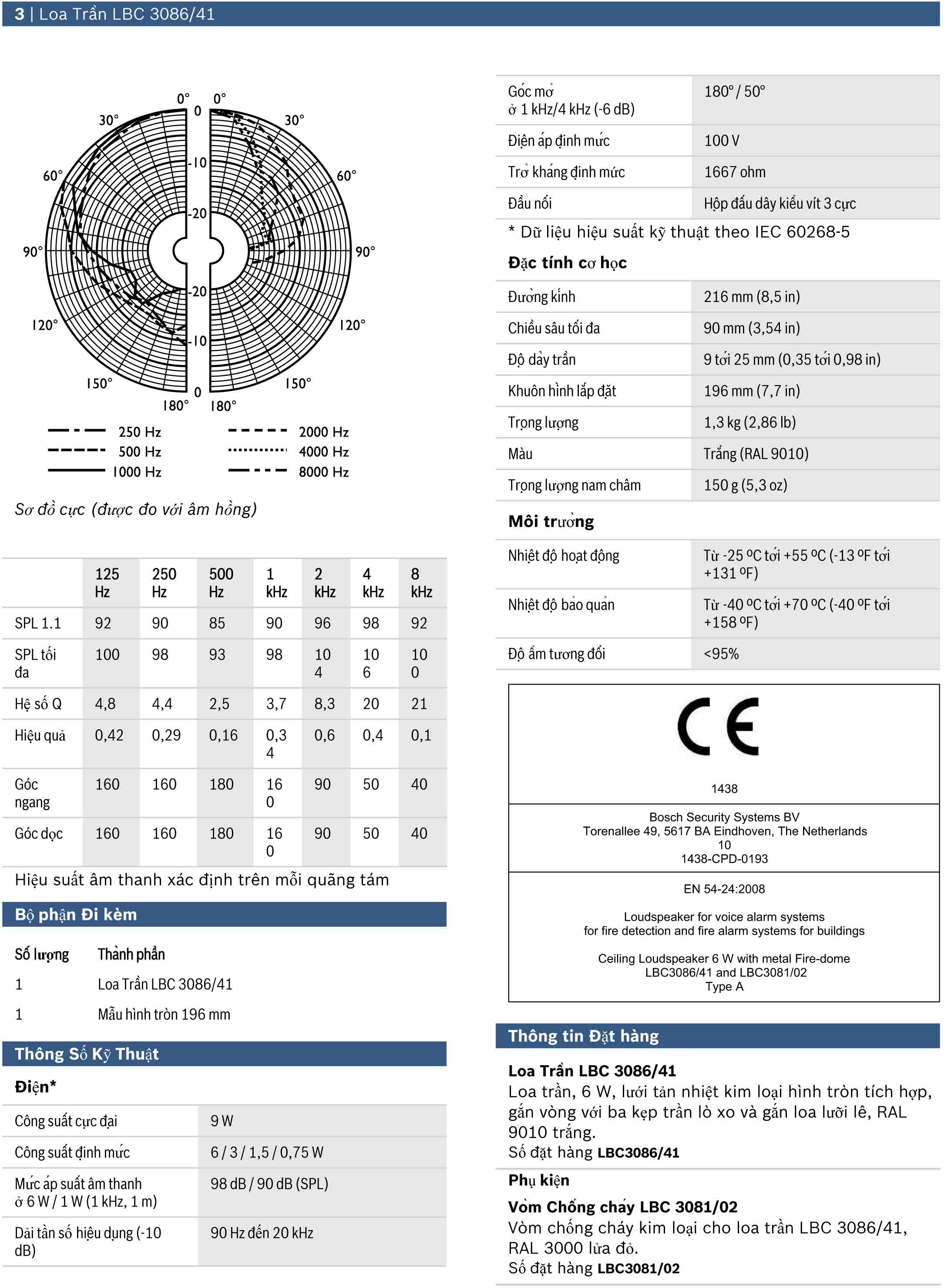 thong so ky thuat loa am tran 6w Bosch LBC 3086-41